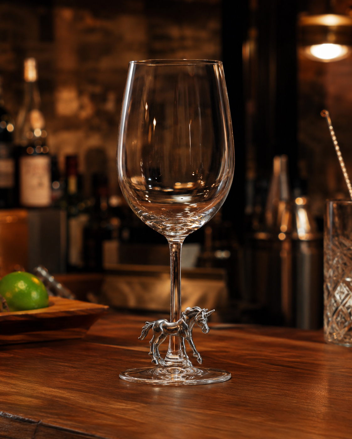 Wine glass with lead-free pewter unicorn detail